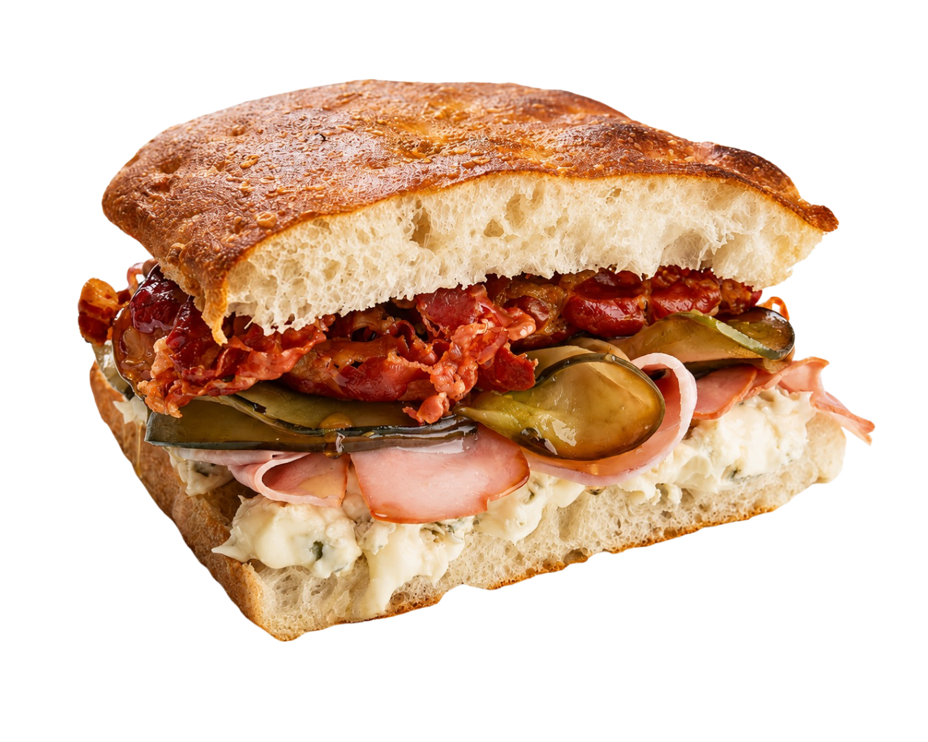 Focaccia con bacon, cetriolini e salsa tartara
